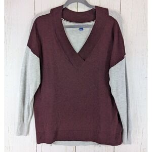 APT 9‎ Petite Large Womens Grey Burgundy Long Sleeve V Neck Knit Top
